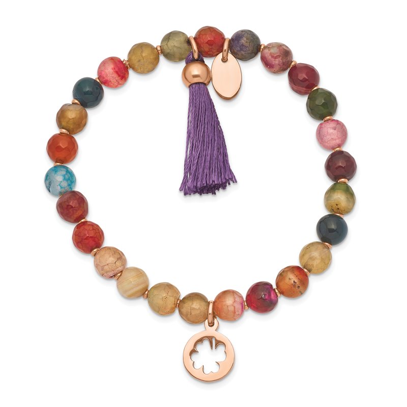 Stainless Steel Polished Rose IP-plated Clover 6mm Multi Color Agate Beaded Stretch Bracelet with Tassel