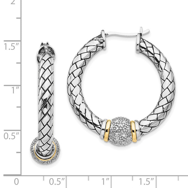Sterling Silver with 14K Accent Antiqued Diamond Hoop Earrings