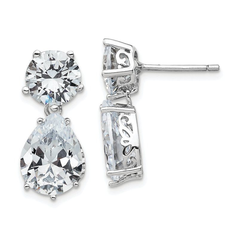 Sterling Silver Rhodium-plated Brilliant-cut CZ Round and Pear Shaped Post Dangle Earrings