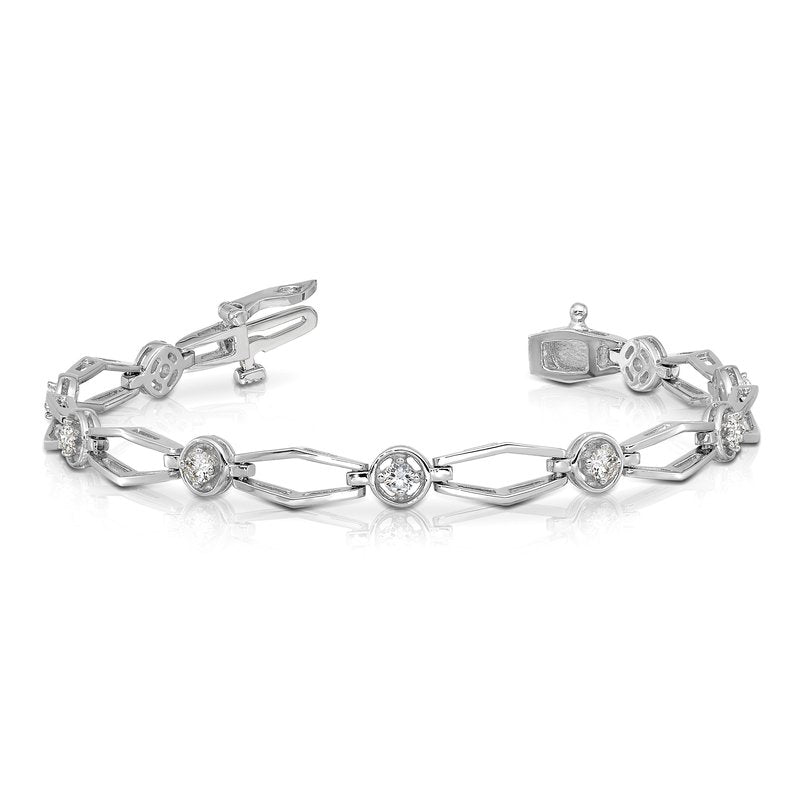 14k White Gold Complete 3/4 carat Round AA Diamond Fancy Link 7 inch Bracelet