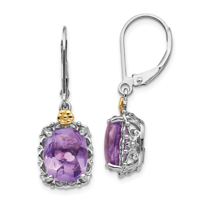 Sterling Silver Antiqued with 14K Accent Cushion Amethyst Leverback Dangle Earrings