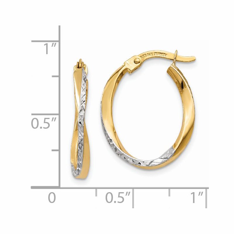 14K w/White Rhodium Textured and Polished Oval Hoop Earrings