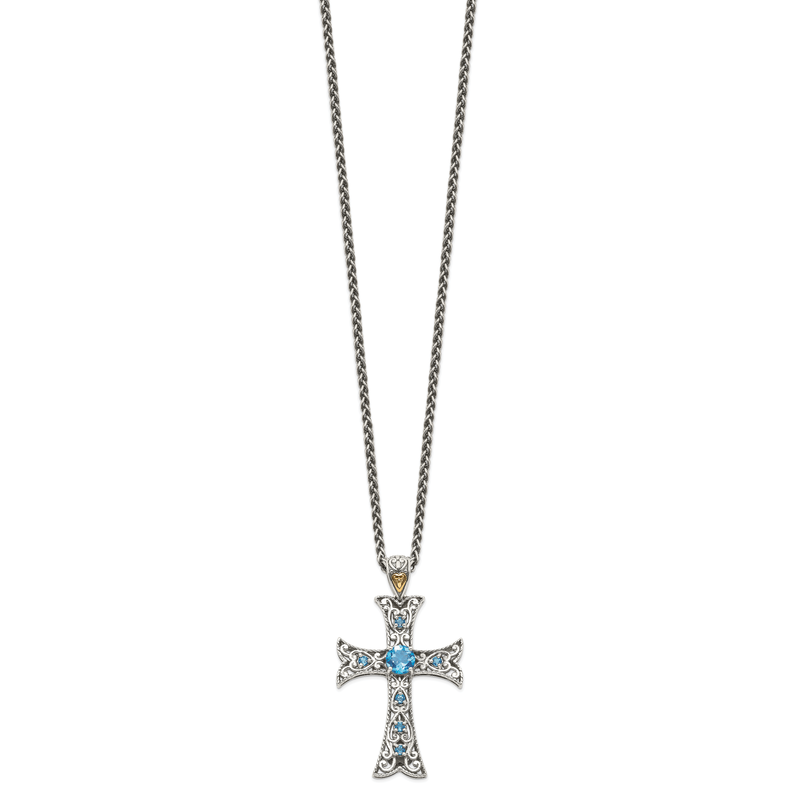 Sterling Silver Rhodium-plated with 14K Accent 18 Inch Antiqued Round Blue Topaz Cross Necklace