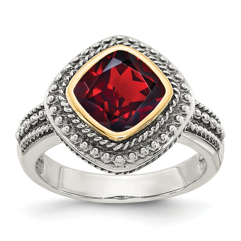 Sterling Silver with 14K Accent Antiqued Cushion Bezel Garnet Ring