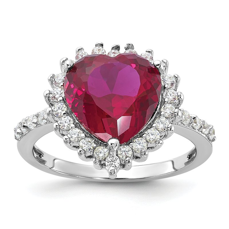 Sterling Silver Rhodium-plated 100 Facet Lab Created Ruby and Brilliant-cut White CZ Heart Halo Ring