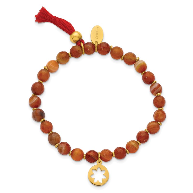 Stainless Steel Polished Yellow IP-plated Flower 6mm Orange Agate Beaded with Tassel Stretch Bracelet