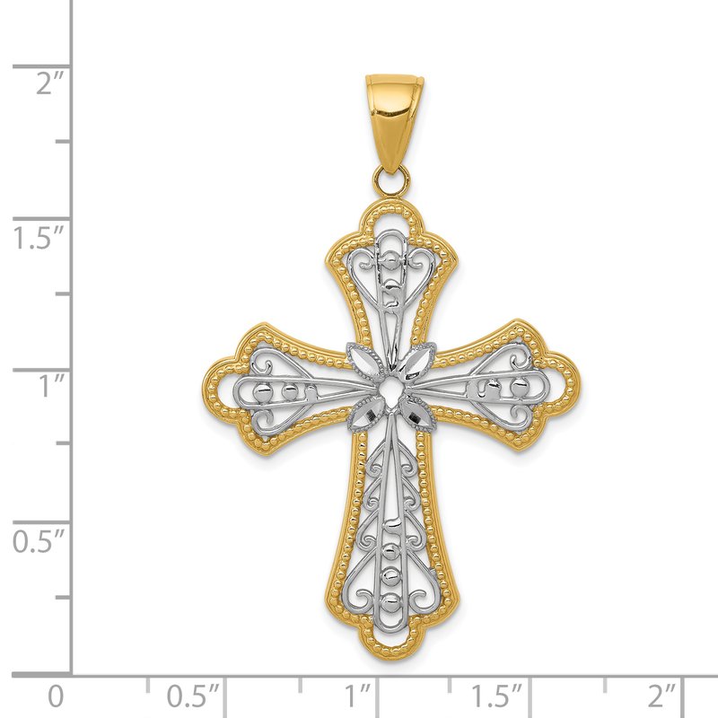 14K and White Rhodium Large Diamond-cut Filigree Cut-out Cross Pendant