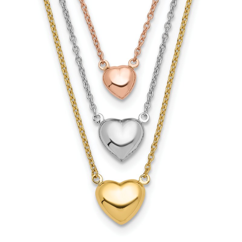 14K Tri-color Three Hearts 16 inch Layered Necklace Plus 1 inch Extender