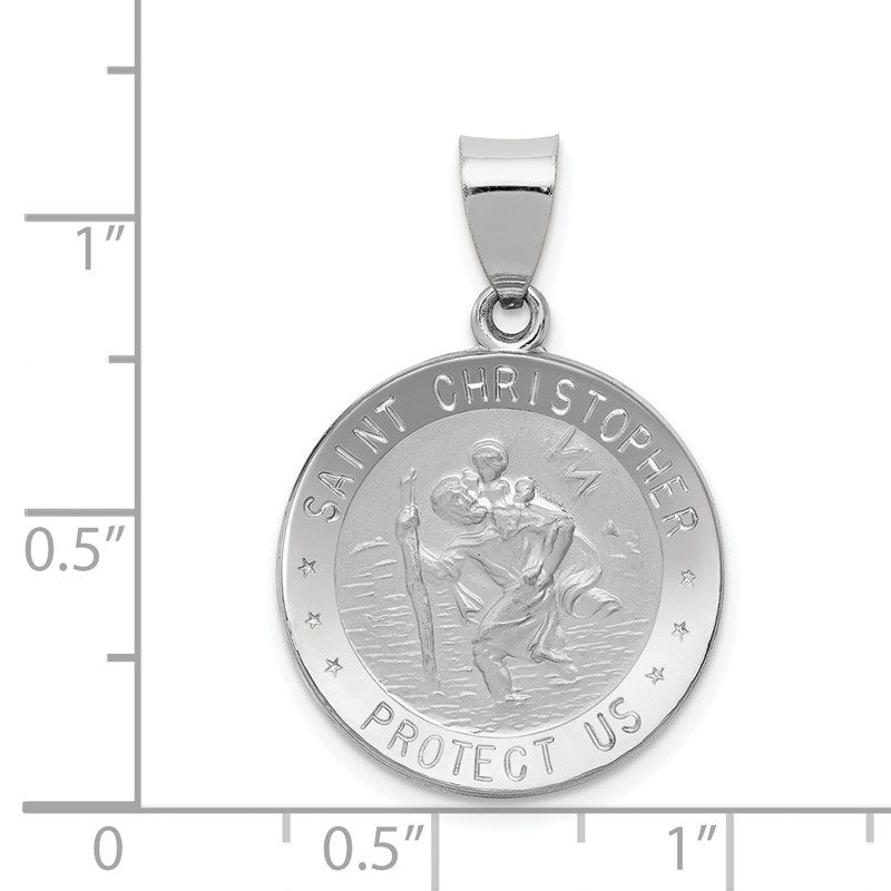 14k White Gold Polished and Satin Hollow St Christopher Medal Round Pendant