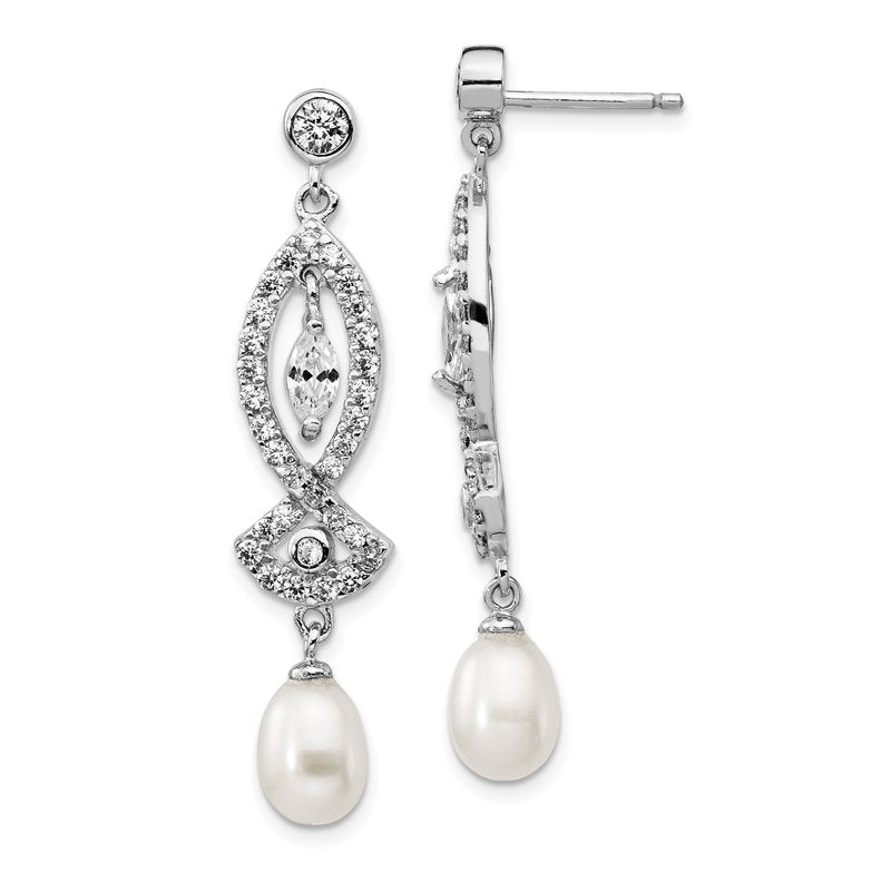 Sterling Silver Rhodium-plated Teardrop Freshwater Cultured Pearl and Marquise-cut/Brilliant-cut CZ Post Dangle Earrings