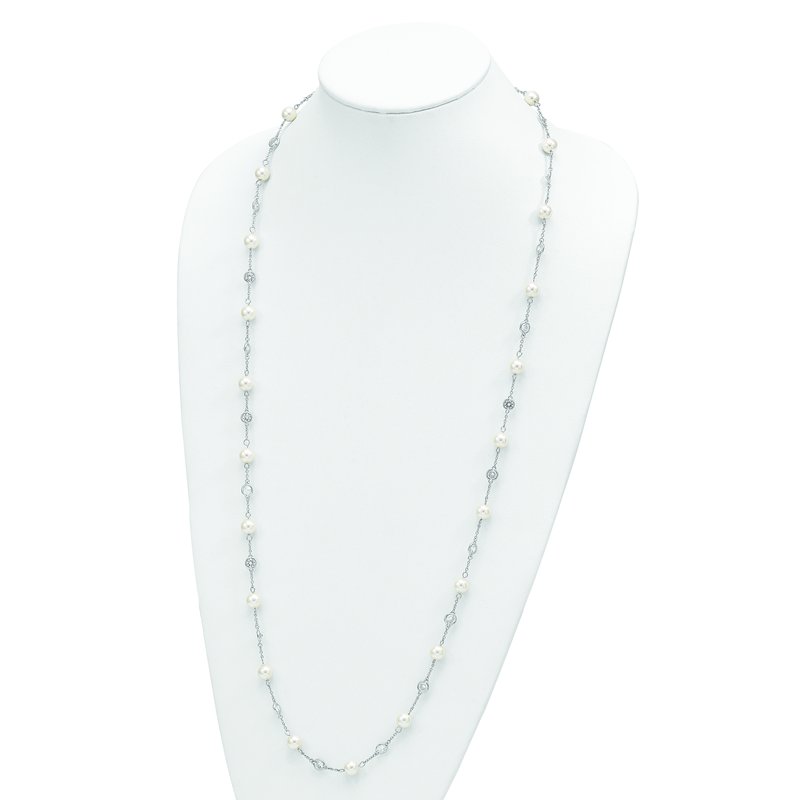 Sterling Silver Rhodium-plated Glass Pearl and Brilliant-cut CZ Bezel Station 36 Inch Necklace
