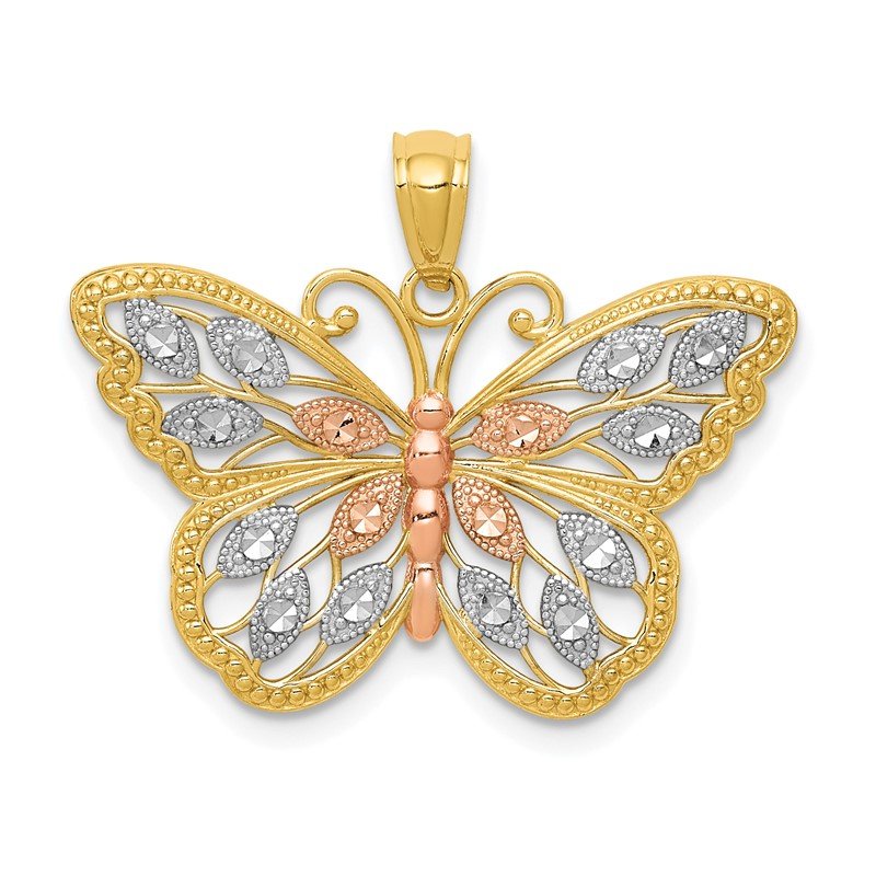 14k with White and Rose Rhodium Diamond-cut Butterfly Pendant