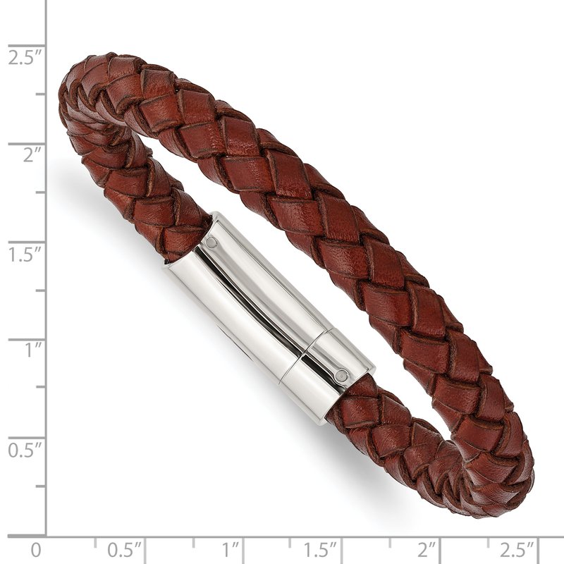 Stainless Steel Polished Brown Braided Leather 8.5 inch Bracelet