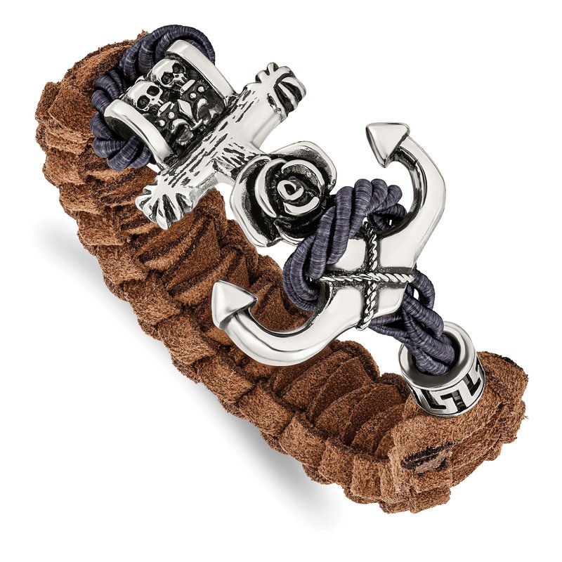 Stainless Steel Antiqued and Polished Anchor with Flower and Skulls Brown Leather 8.5 inch Bracelet