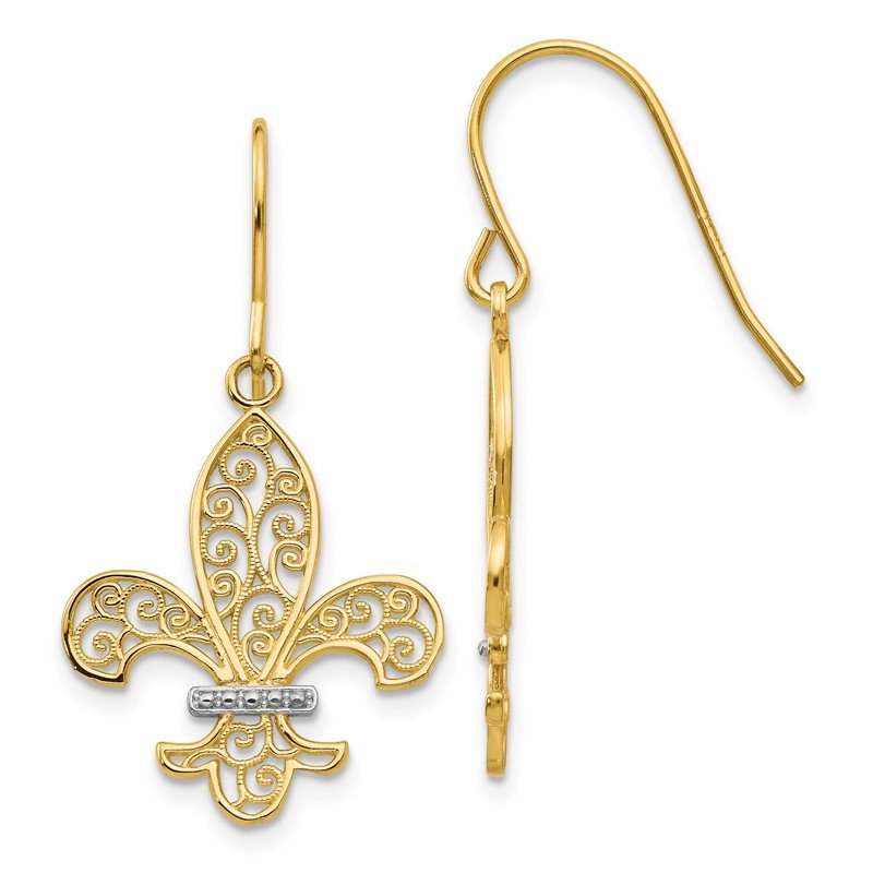 14k &amp; Rhodium Fleur de lis Shepherd Hook Earrings