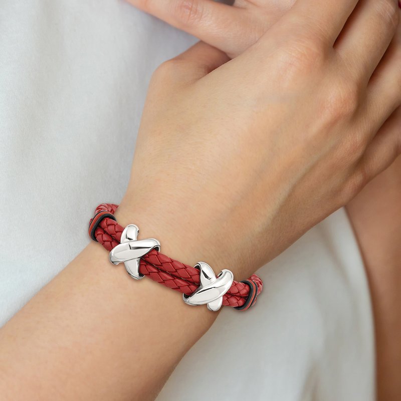 Stainless Steel Polished Red Leather and Black Rubber 8 inch Bracelet