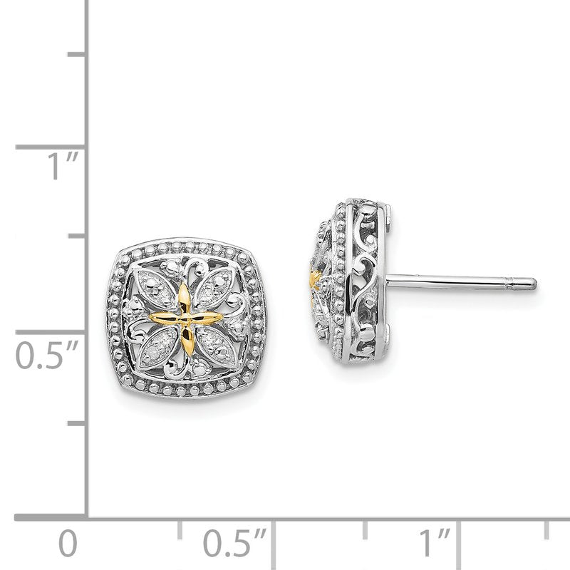 Sterling Silver Rhodium-plated with 14K Accent Diamond Vintage Post Earrings