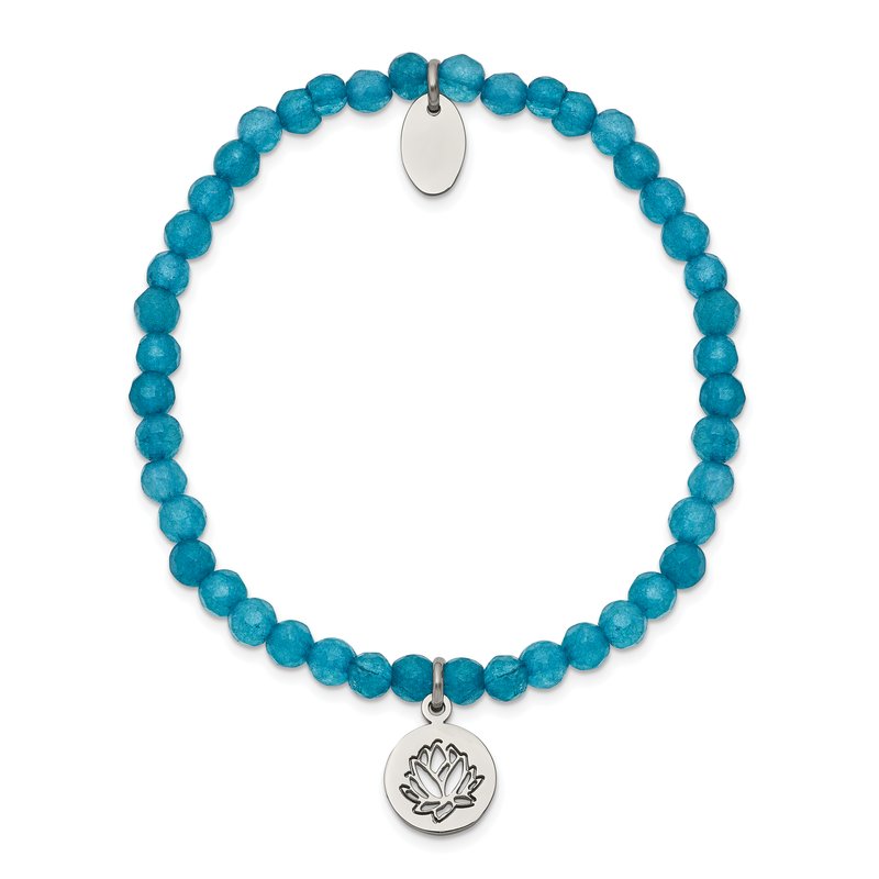 Stainless Steel Polished Lotus 4mm Blue Jade Beaded Stretch Bracelet
