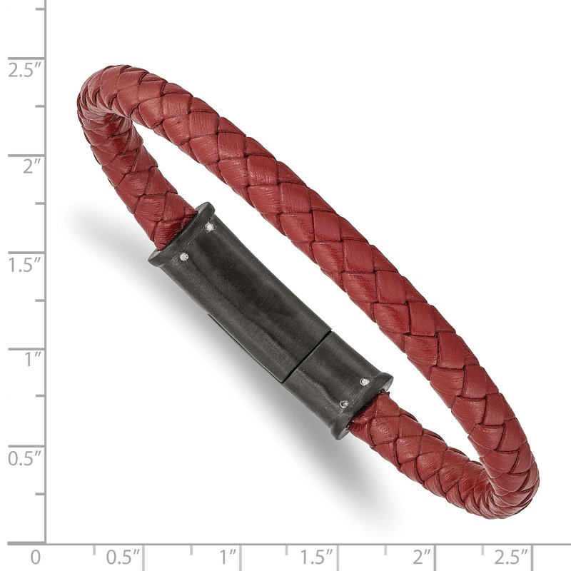 Stainless Steel Brushed Black IP-plated Red Braided Leather 8.5 inch Bracelet