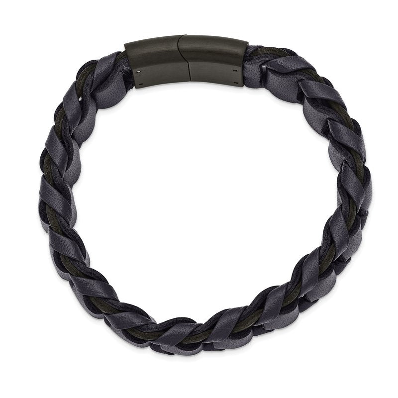 Stainless Steel Brushed Black IP-plated Blue Leather 8.5 inch Bracelet