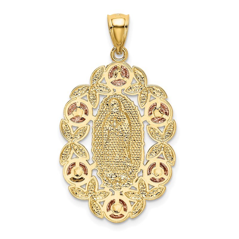 14K Two-Tone with White Rhodium Our Lady Of Guadalupe with Flowers Oval Pendant