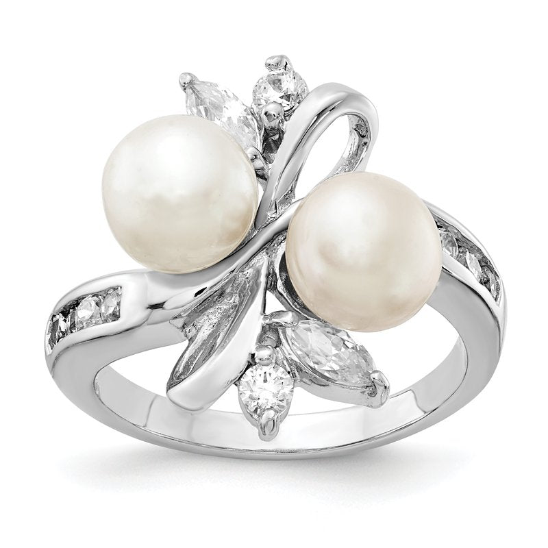 Sterling Silver Rhodium-plated Freshwater Cultured Pearl and Brilliant-cut CZ Leaves Ring