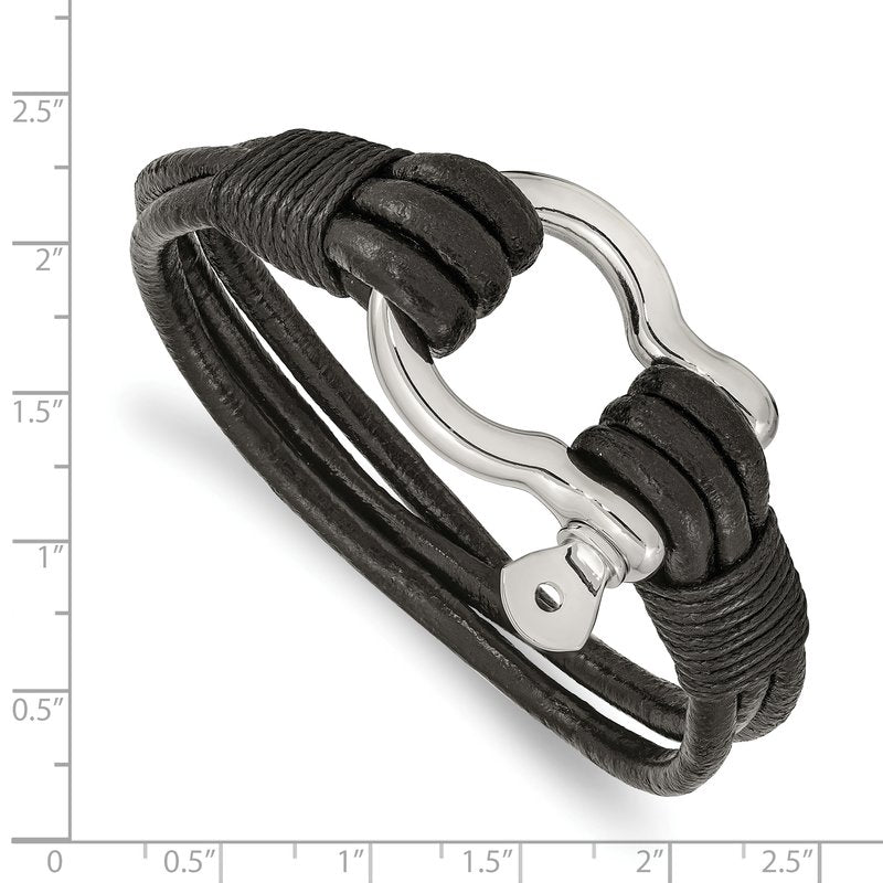 Stainless Steel Polished Shackle Multi Strand Black Leather 8.5 inch Bracelet