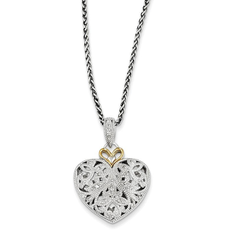 Sterling Silver Antiqued with 14K Accent 18 Inch Diamond Vintage Heart Necklace