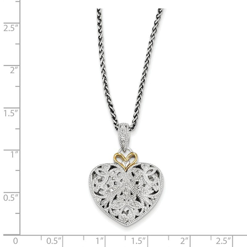 Sterling Silver Antiqued with 14K Accent 18 Inch Diamond Vintage Heart Necklace