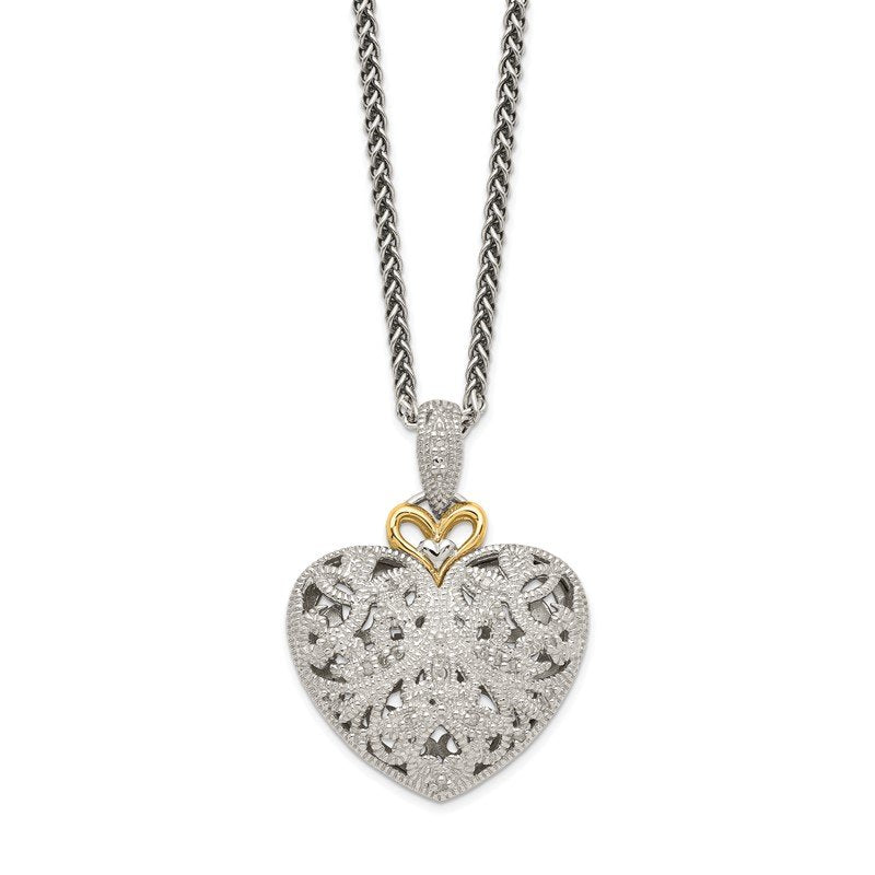 Sterling Silver Antiqued with 14K Accent 18 Inch Diamond Vintage Heart Necklace