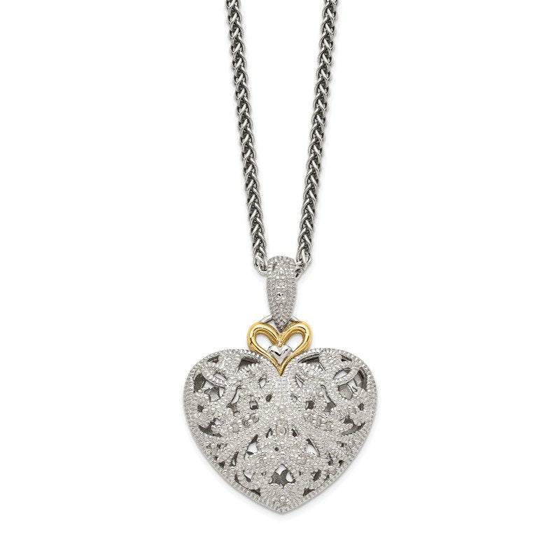 Sterling Silver Antiqued with 14K Accent 18 Inch Diamond Vintage Heart Necklace
