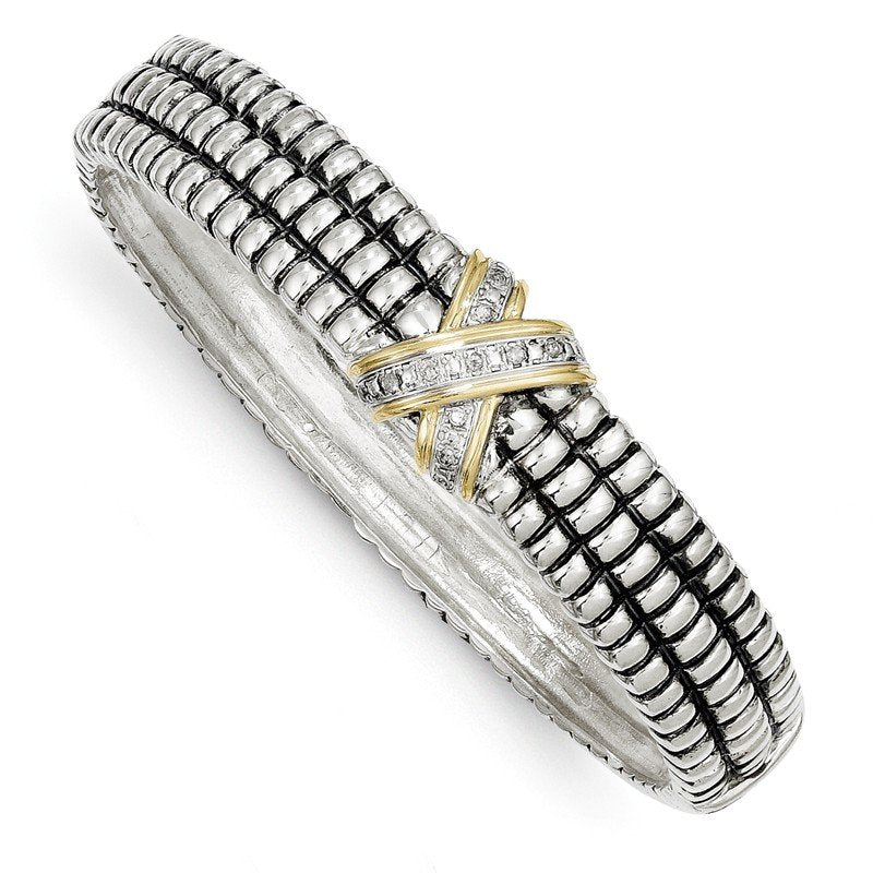 Sterling Silver with 14K Accent Antiqued Diamond Hinged Bangle Bracelet