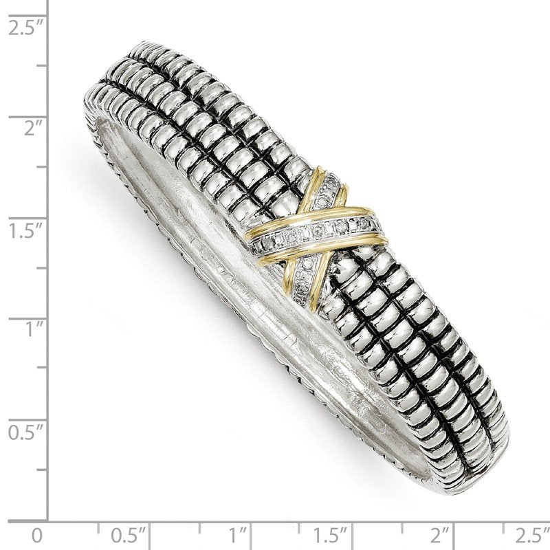 Sterling Silver with 14K Accent Antiqued Diamond Hinged Bangle Bracelet