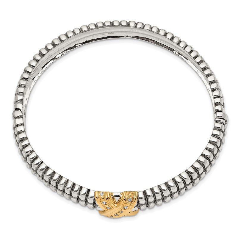 Sterling Silver with 14K Accent Antiqued Diamond Hinged Bangle Bracelet