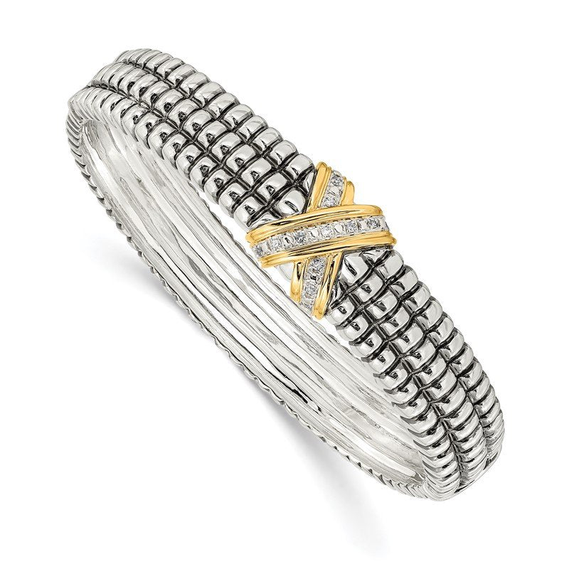 Sterling Silver with 14K Accent Antiqued Diamond Hinged Bangle Bracelet