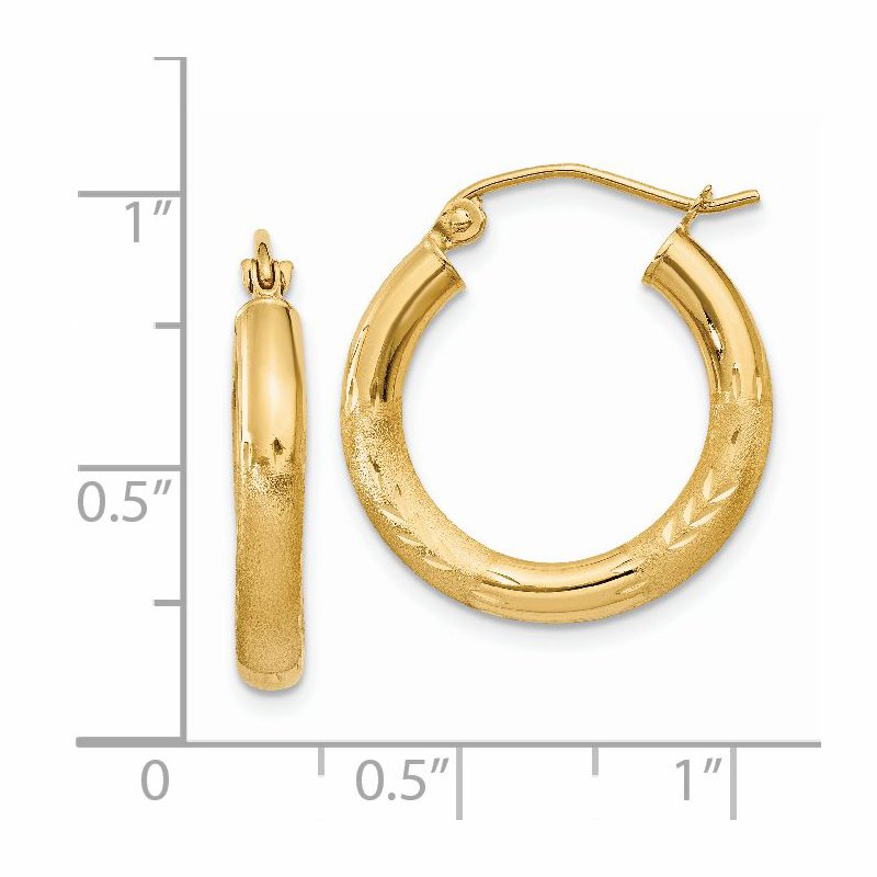 14k Satin and Diamond-cut 3mm Round Hoop Earrings