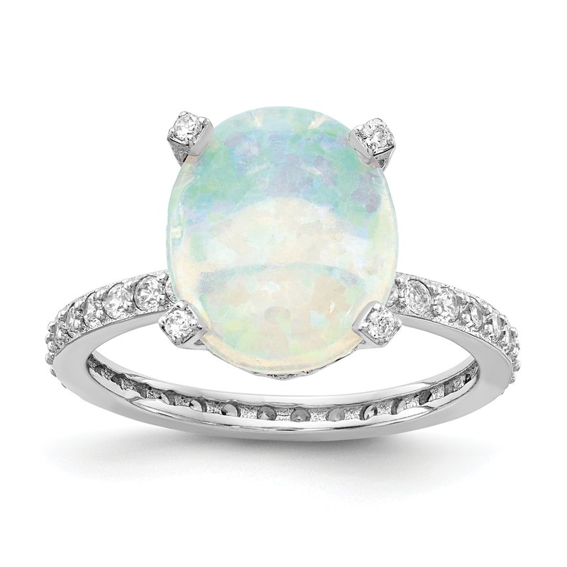 Sterling Silver Rhodium-plated Cabochon Lab Created Opal and Brilliant-cut CZ Oval with Side Stones Ring