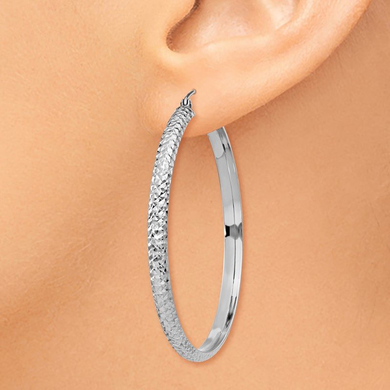 14K White Gold Diamond-cut 3.5x46mm Hollow Hoop Earrings