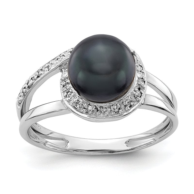 14k White Gold 7.5mm Black FW Cultured Pearl AAA Diamond ring