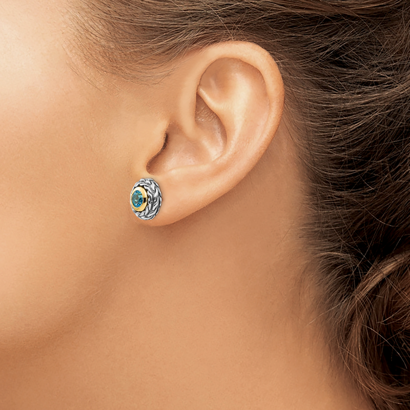 Sterling Silver with 14K Accent Antiqued Round Bezel Light Swiss Blue Topaz Post Earrings