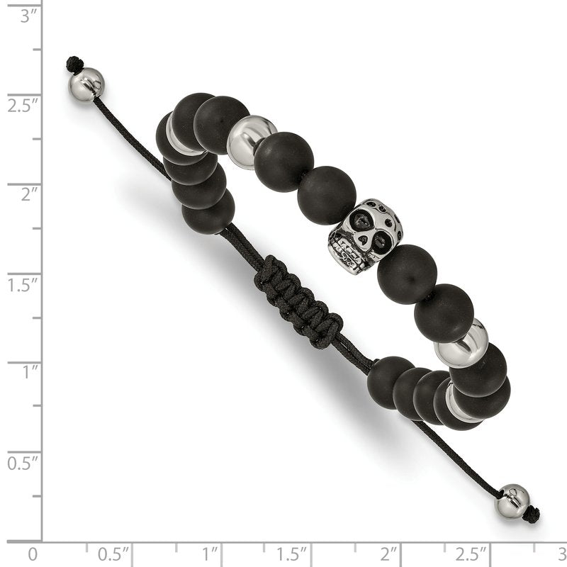 Stainless Steel Antiqued and Polished Skull Black Onyx Beaded Black Macrame Adjustable Bracelet