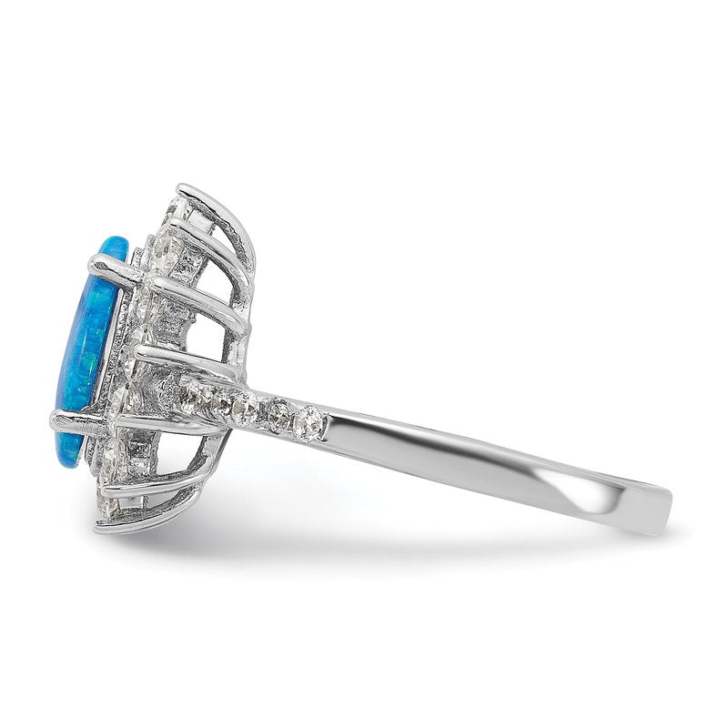 Sterling Silver Rhodium-plated Cabochon Lab Created Blue Opal and Brilliant-cut CZ Teardrop Shaped Ring