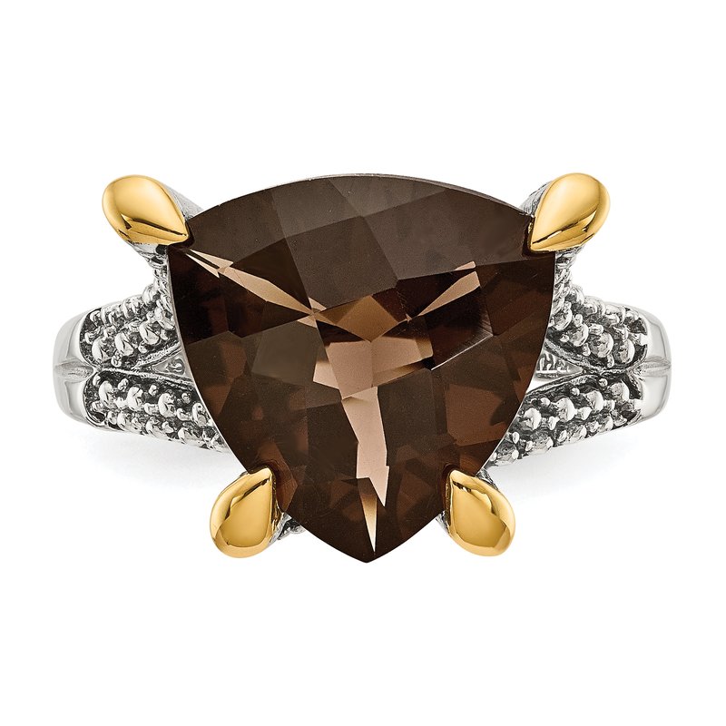 Sterling Silver with 14K Accent Antiqued Trillion Checkerboard Smoky Quartz Ring
