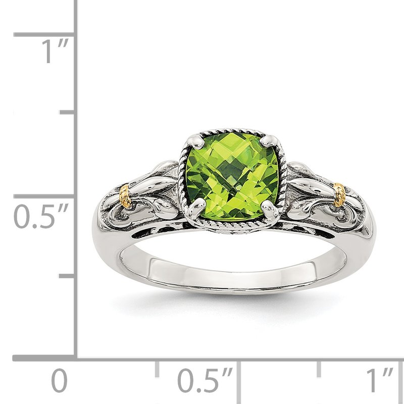 Sterling Silver with 14K Accent Antiqued Cushion Peridot Ring