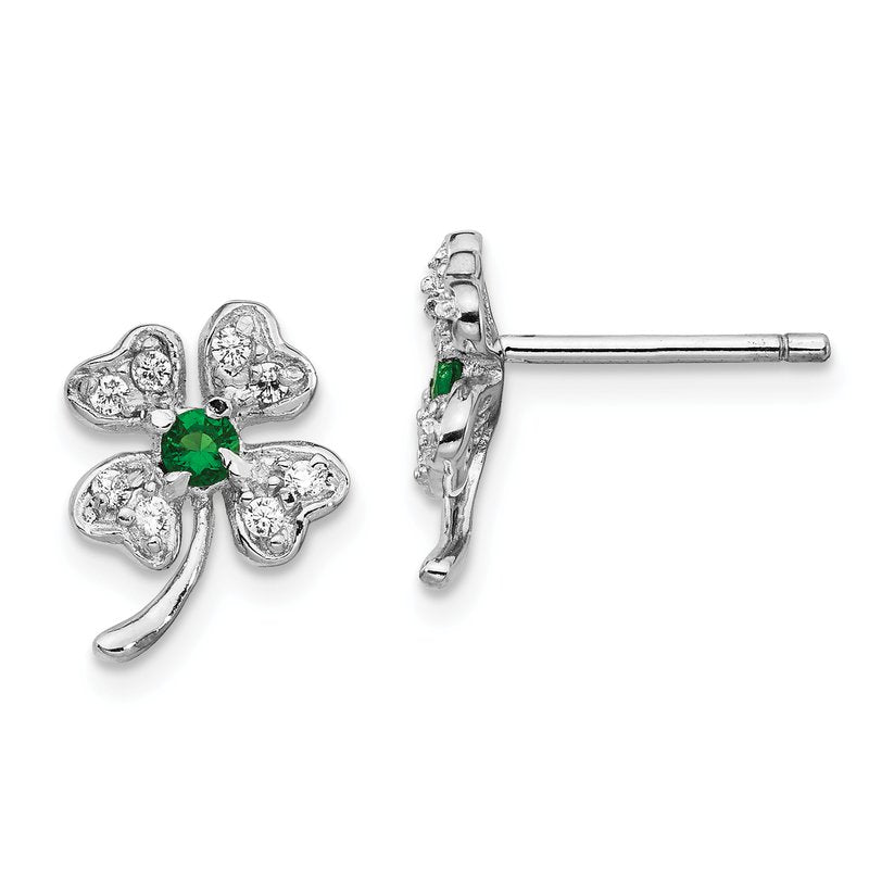Sterling Silver Rhodium-plated Brilliant-cut Green Glass and Brilliant-cut White CZ Four Leaf Clover Post Earrings