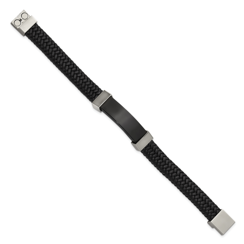 Stainless Steel Polished Black IP-plated Black Braided Leather 8.5 inch Bracelet