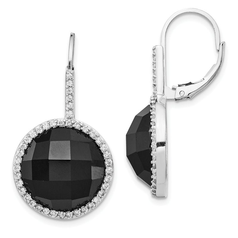 Sterling Silver Rhodium-plated Checker-cut Onyx and Brilliant-cut White CZ Round Halo Dangle Leverback Earrings