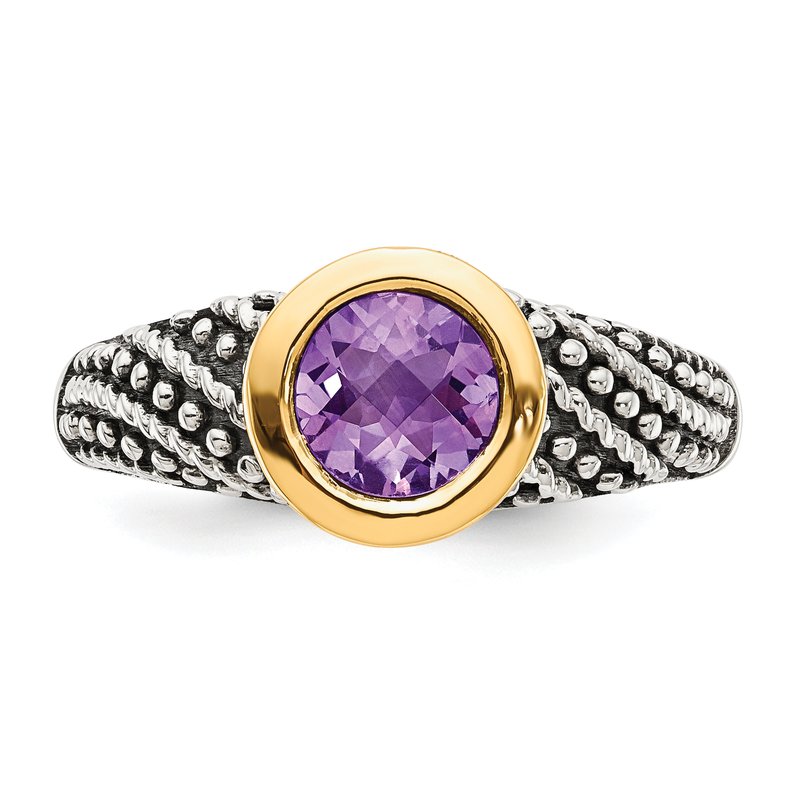 Sterling Silver with 14K Accent Antiqued Round Bezel Amethyst Ring