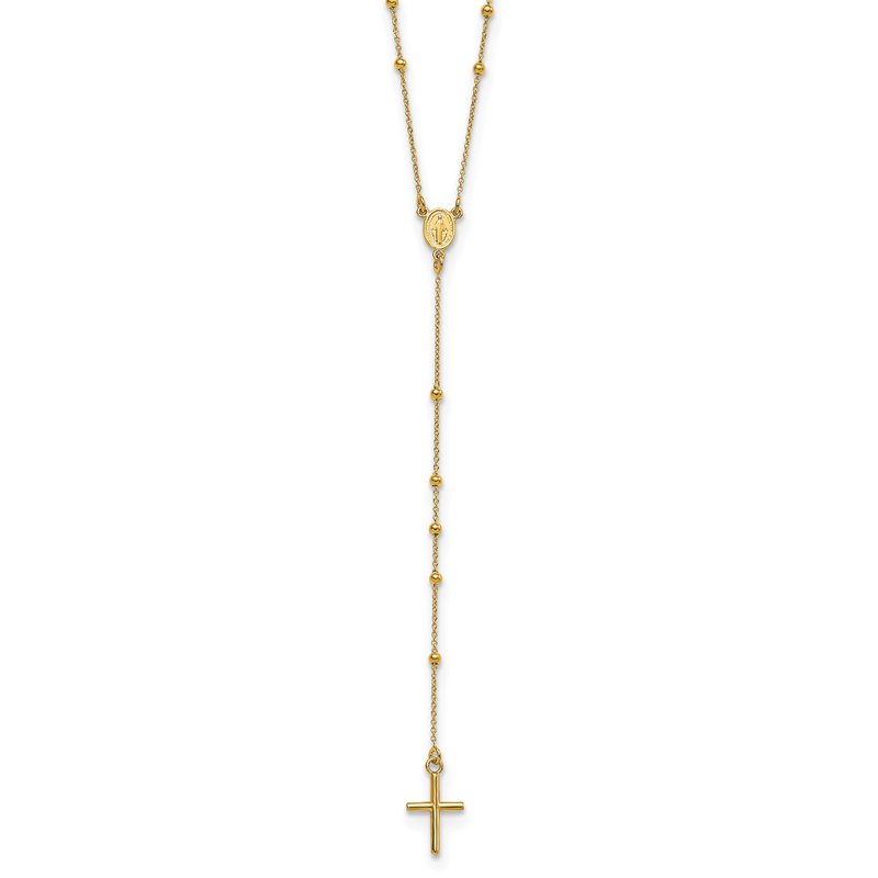 14k Polished Cross and Miraculous Medal Beaded 24 inch Rosary Necklace