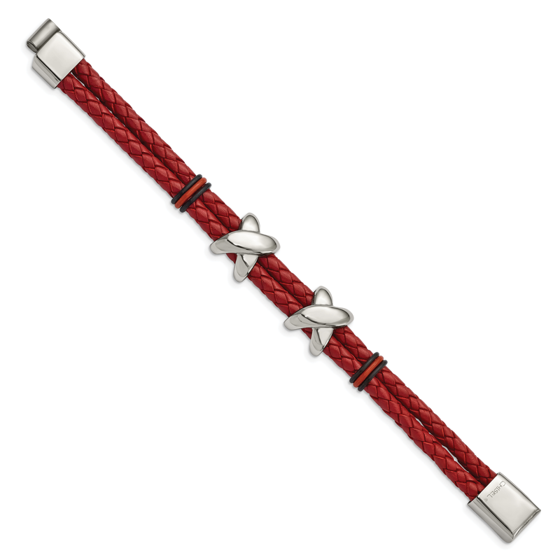 Stainless Steel Polished Red Leather and Black Rubber 8 inch Bracelet